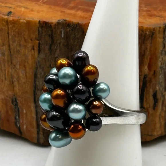 Sterling Silver Multicolor Pearl Ring - Size 9 - Picture 2 of 6